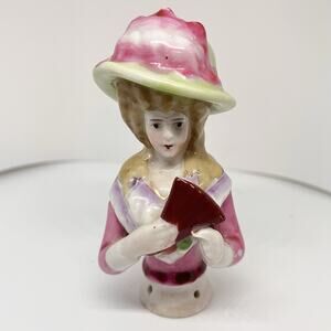 Antique Pincushion Topper Half Doll With Hat And Fan